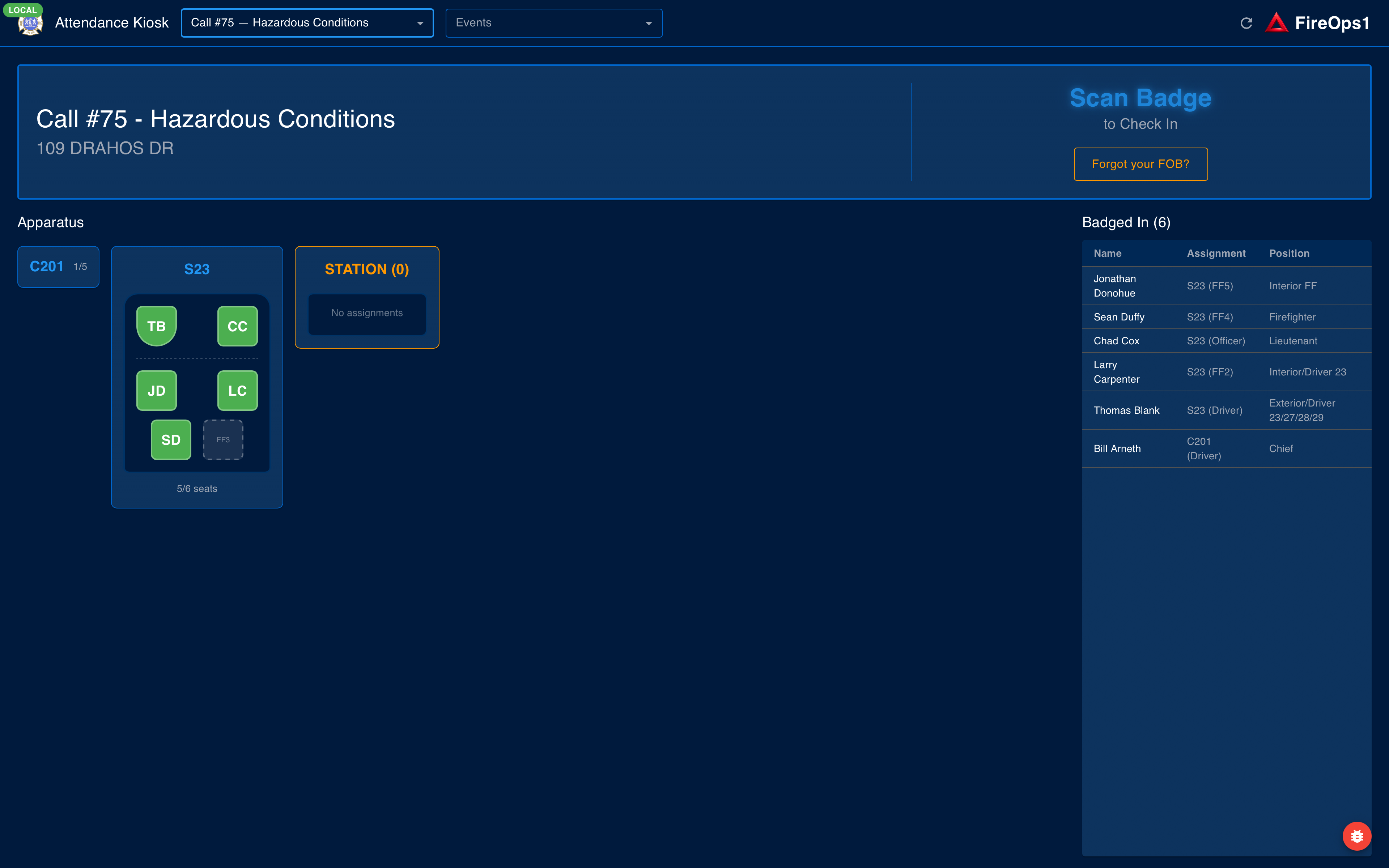 FireOps1 kiosk operations dashboard