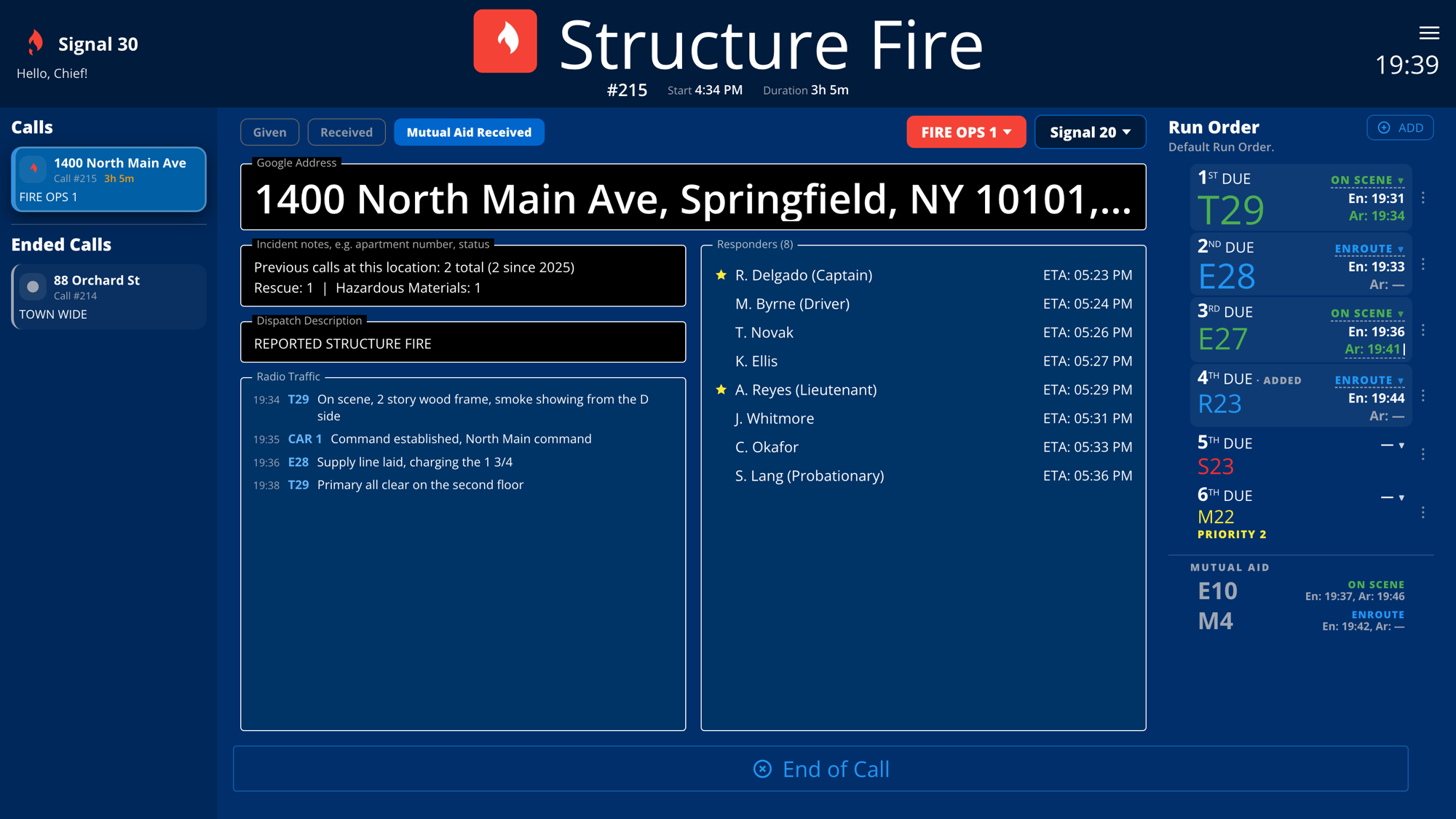 FireOps1 incident dashboard during a structure fire: dispatch address and notes, timestamped radio traffic, responders with ETAs, and a run order where each rig carries its status and its en-route and arrival times, with mutual aid listed below